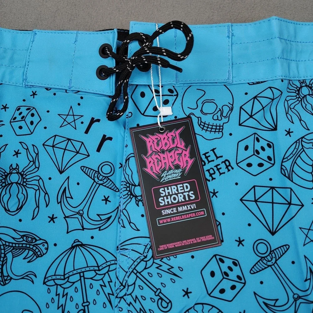 NEW Board Shorts Surf Swim Trunks Men XL Blue Tattoo‎ Biker Pockets Fast Drying